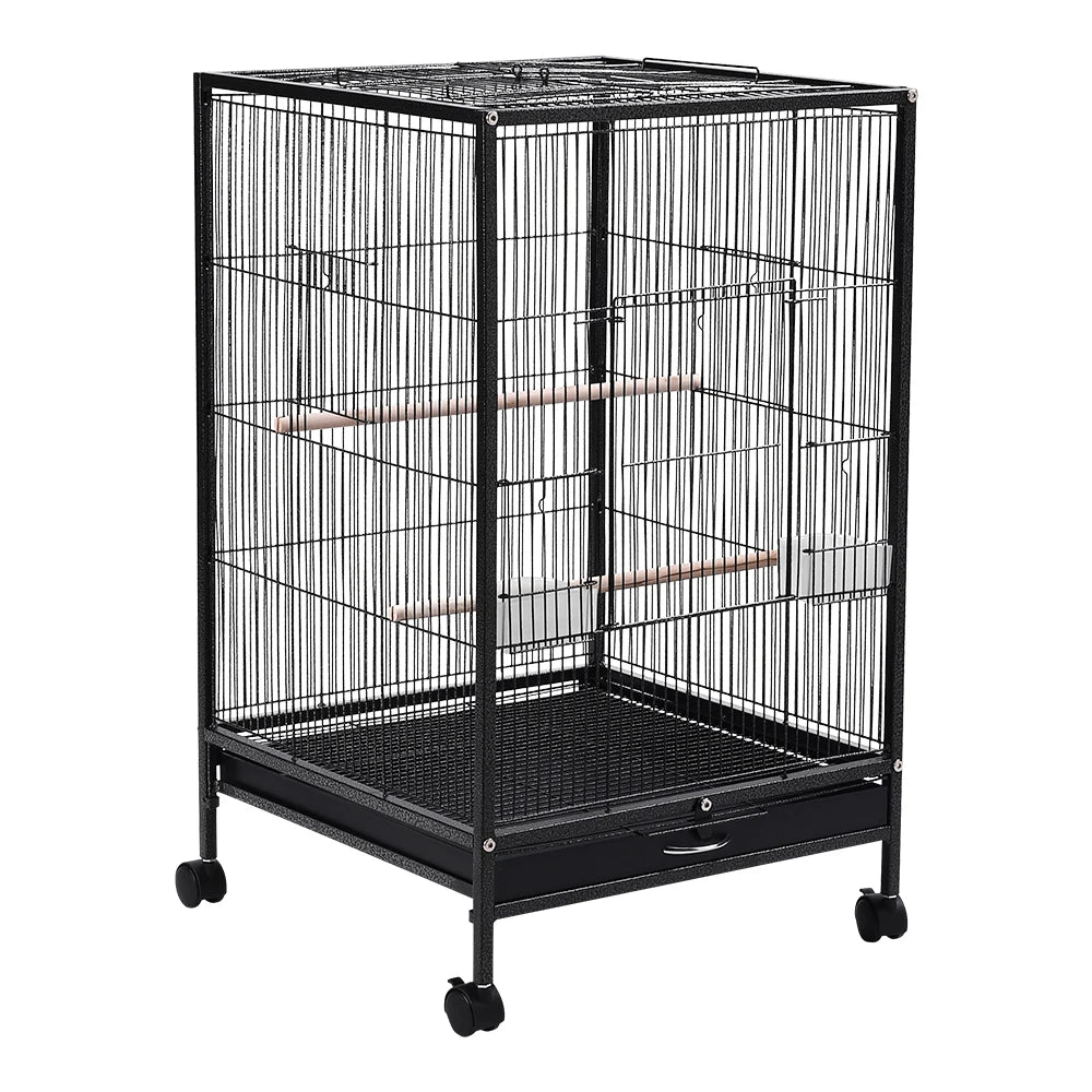 Open Top Bird Cage – Large Metal Parrot Villa with Casters, 48x48x77cm