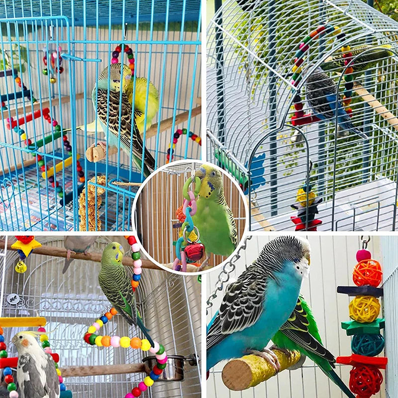 7PCS Wood Bird Toy Set – Swings, Bridge, Bells & Cage Accessories