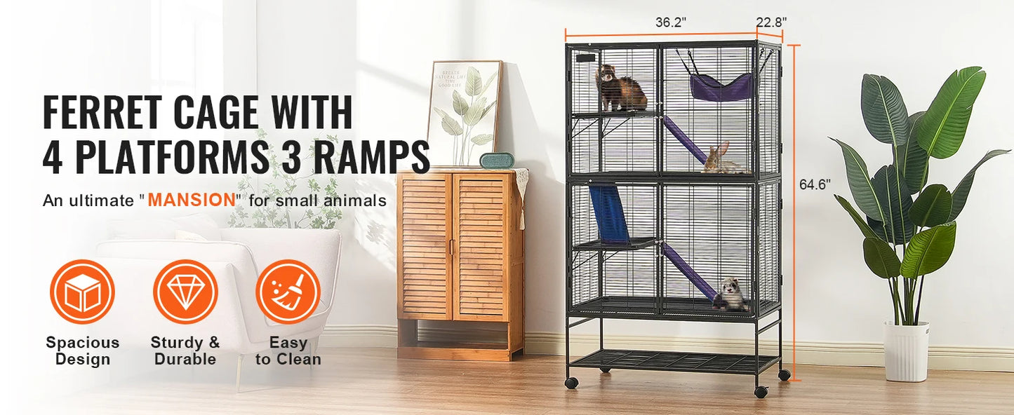 Rolling Metal Cage – 4-Tier Small Animal Habitat for Ferrets, Rats, Guinea Pigs & Chinchillas