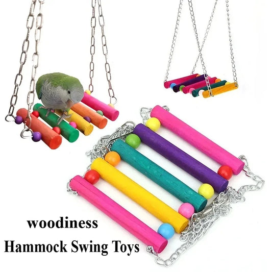 Colourful Hanging Hammock Swing 11cm - Wooden Bird Toy for Parrots