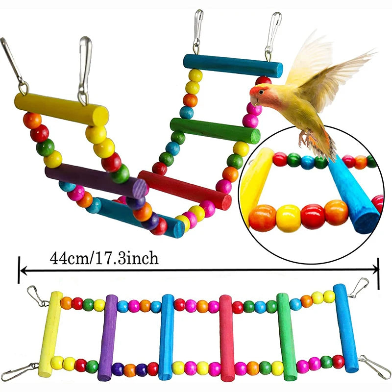 7PCS Wood Bird Toy Set – Swings, Bridge, Bells & Cage Accessories