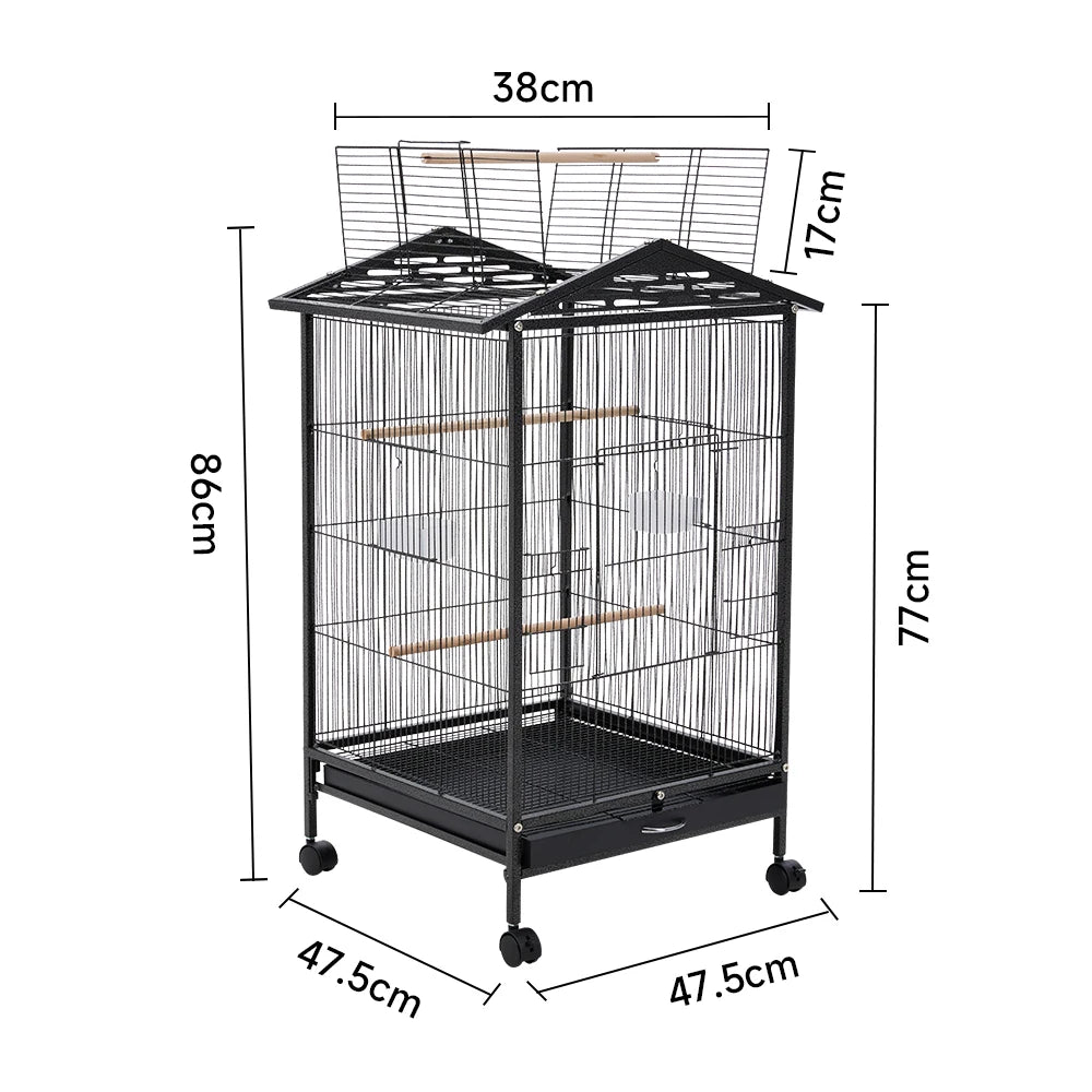 Bird Cage 86cm with Wheels - Open Play Top Metal Cage for Parrots
