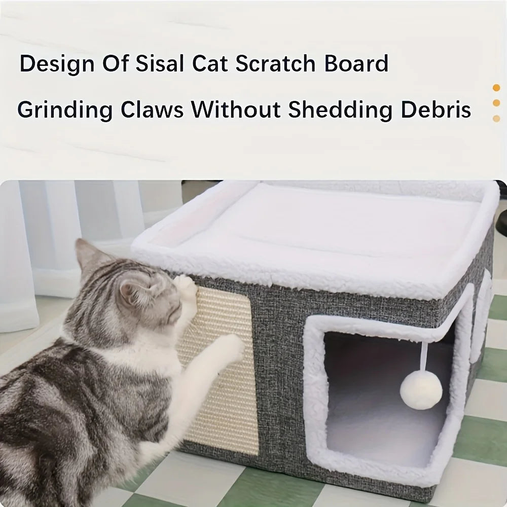4-Season Multi-Level Cat House - Indoor Foldable Design, Scratching Board & Non-Slip Base 30LB Capacity, Warm Cat Bed Cat Cave