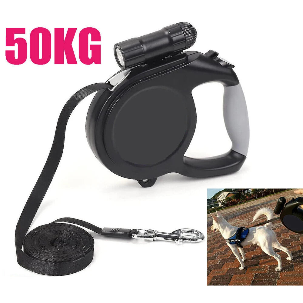 8m Retractable Dog Leash with Flashlight – Strong, Lockable Lead for Large Dogs up to 50kg