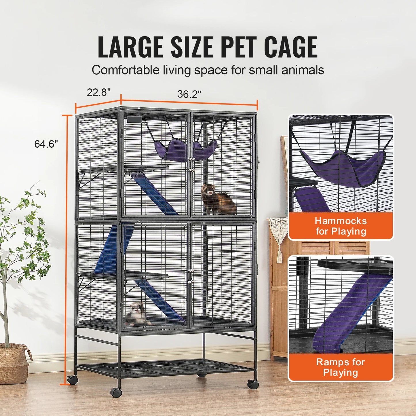 Rolling Metal Cage – 4-Tier Small Animal Habitat for Ferrets, Rats, Guinea Pigs & Chinchillas