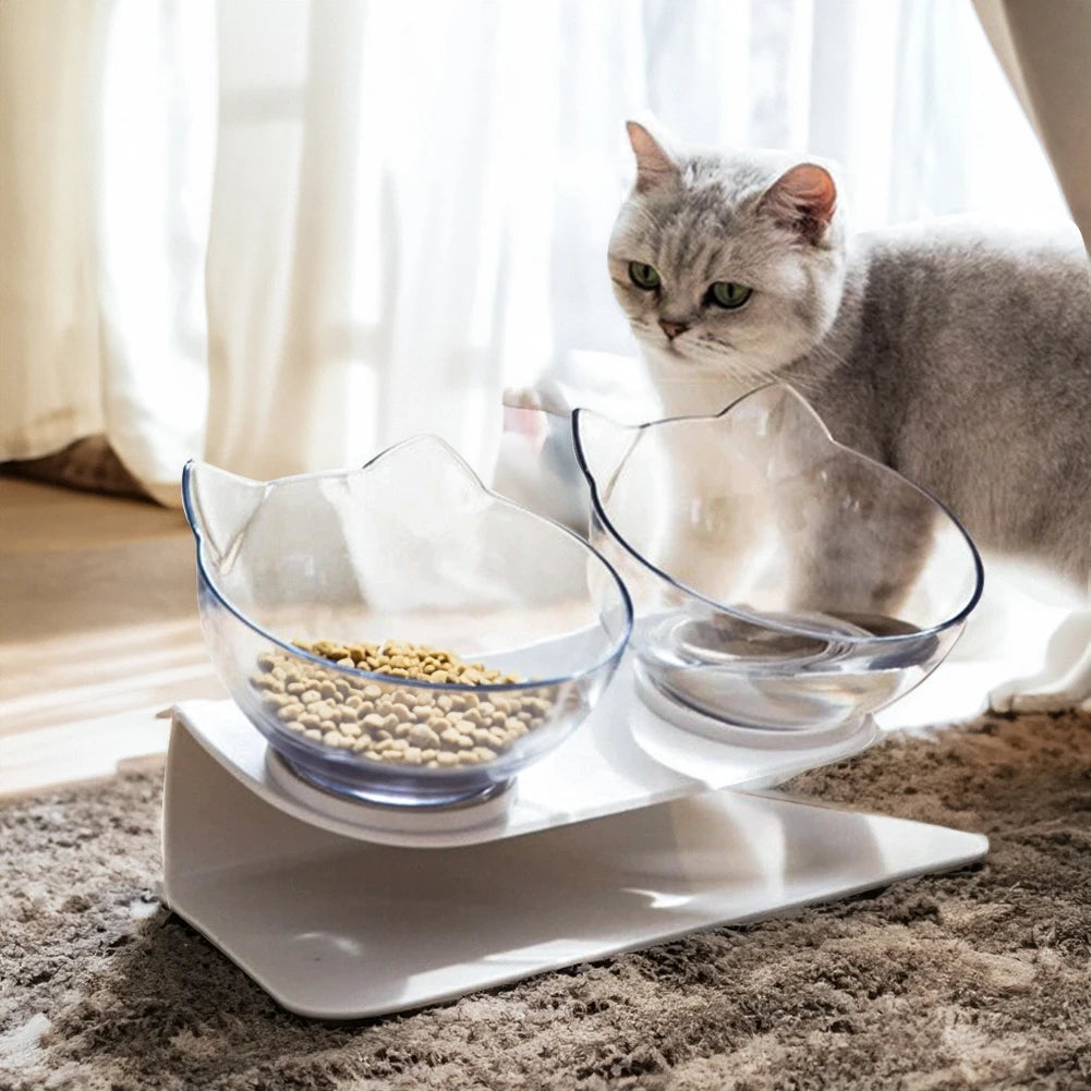 15° Tilted Cat Bowls – Non-Slip Elevated Double Feeder for Neck Protection
