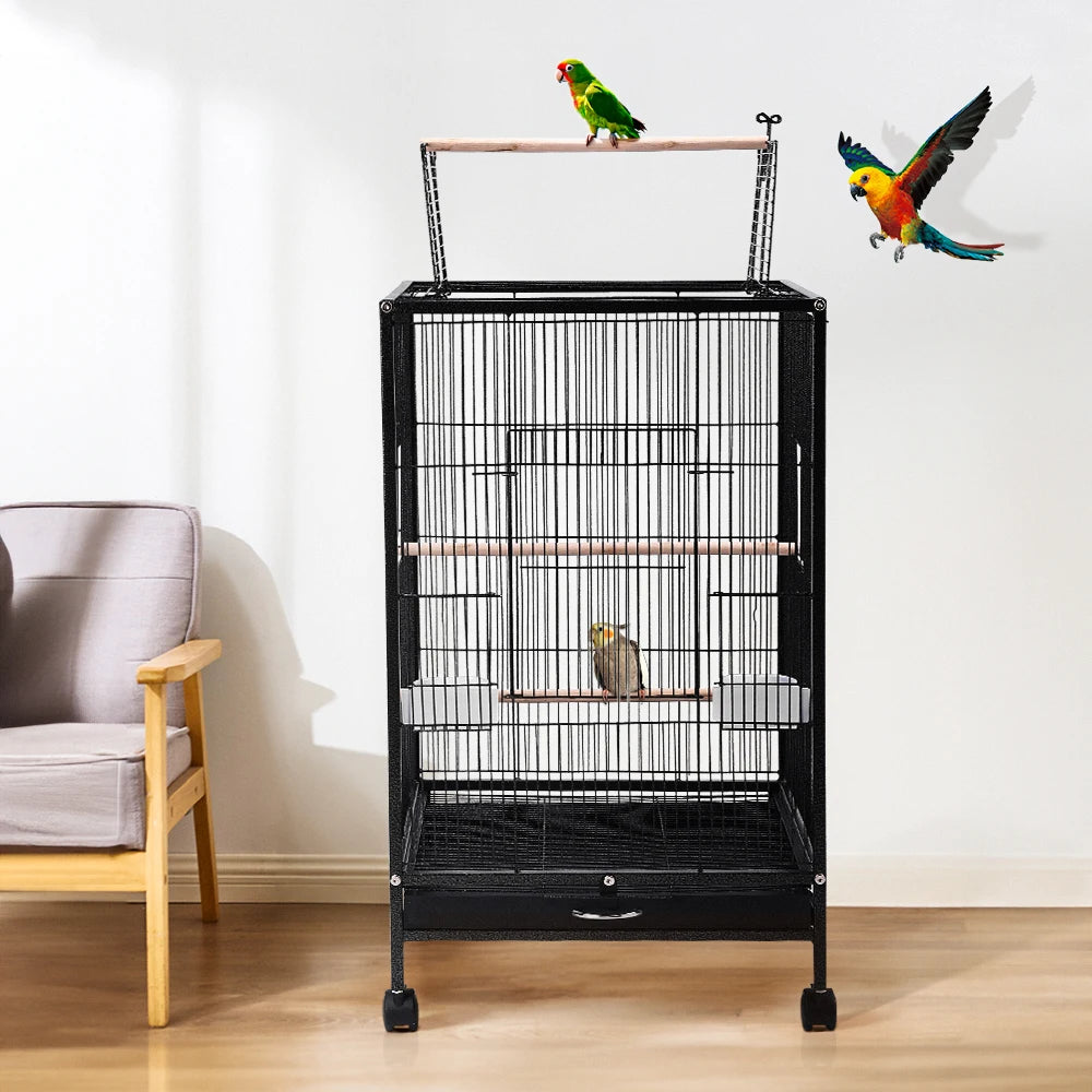Open Top Bird Cage – Large Metal Parrot Villa with Casters, 48x48x77cm