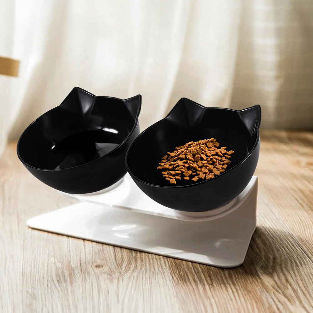15° Tilted Cat Bowls – Non-Slip Elevated Double Feeder for Neck Protection