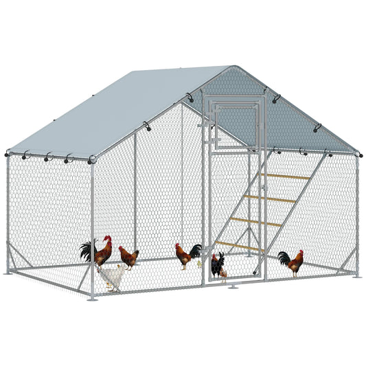 Large Galvanised Walk In Chicken Run with Waterproof Cover Feeder and Perch
