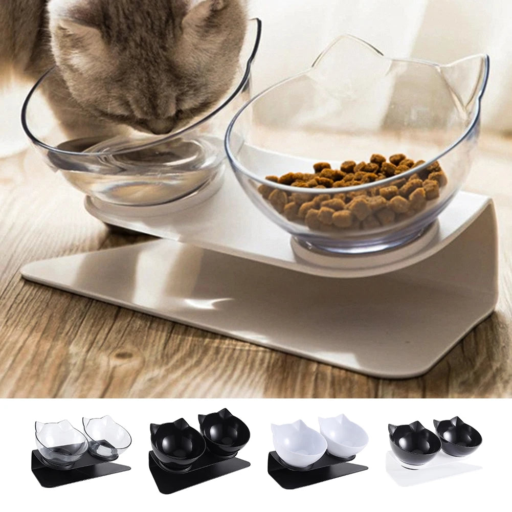 15° Tilted Cat Bowls – Non-Slip Elevated Double Feeder for Neck Protection