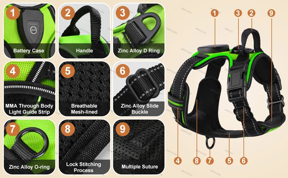 Led luminous Dog Harness No Pull Adjustable Rechargeable Pet Vest Harness Small Medium Large Dogs Outdoor Walking Pet Supplies