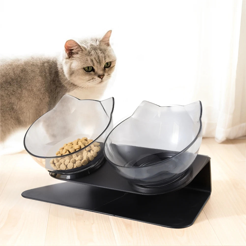 15° Tilted Cat Bowls – Non-Slip Elevated Double Feeder for Neck Protection
