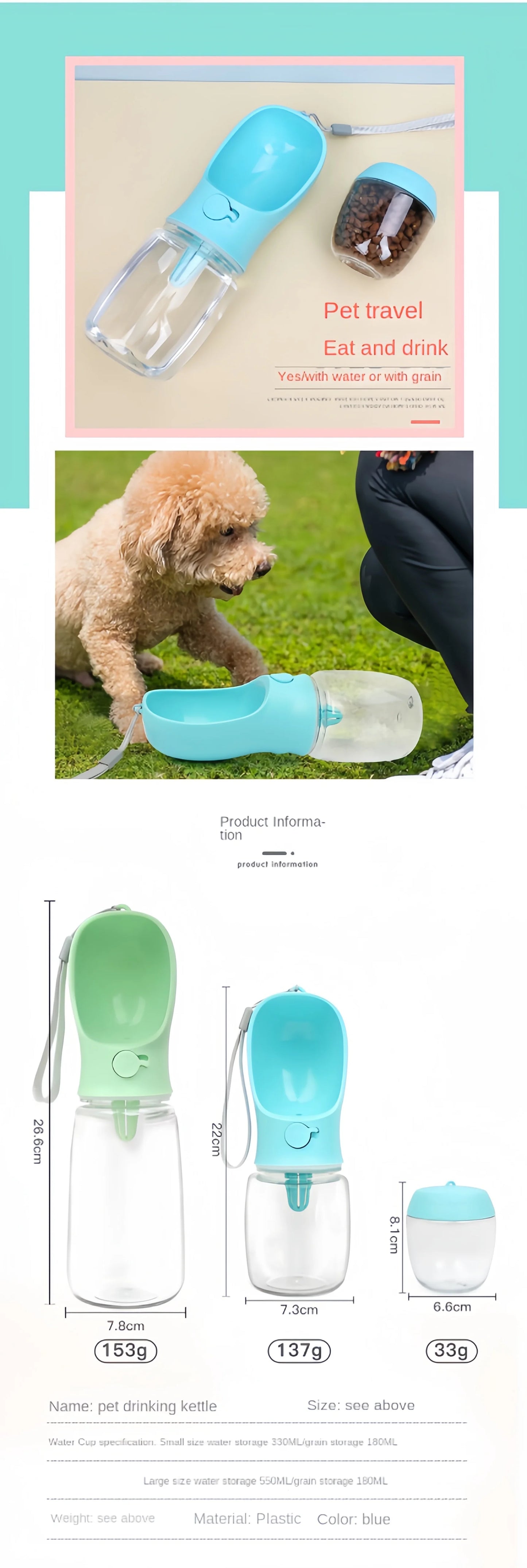 Portable Pet Food & Water Bottle – Food Grade Travel Cup with Food Dispenser for Dogs & Cats
