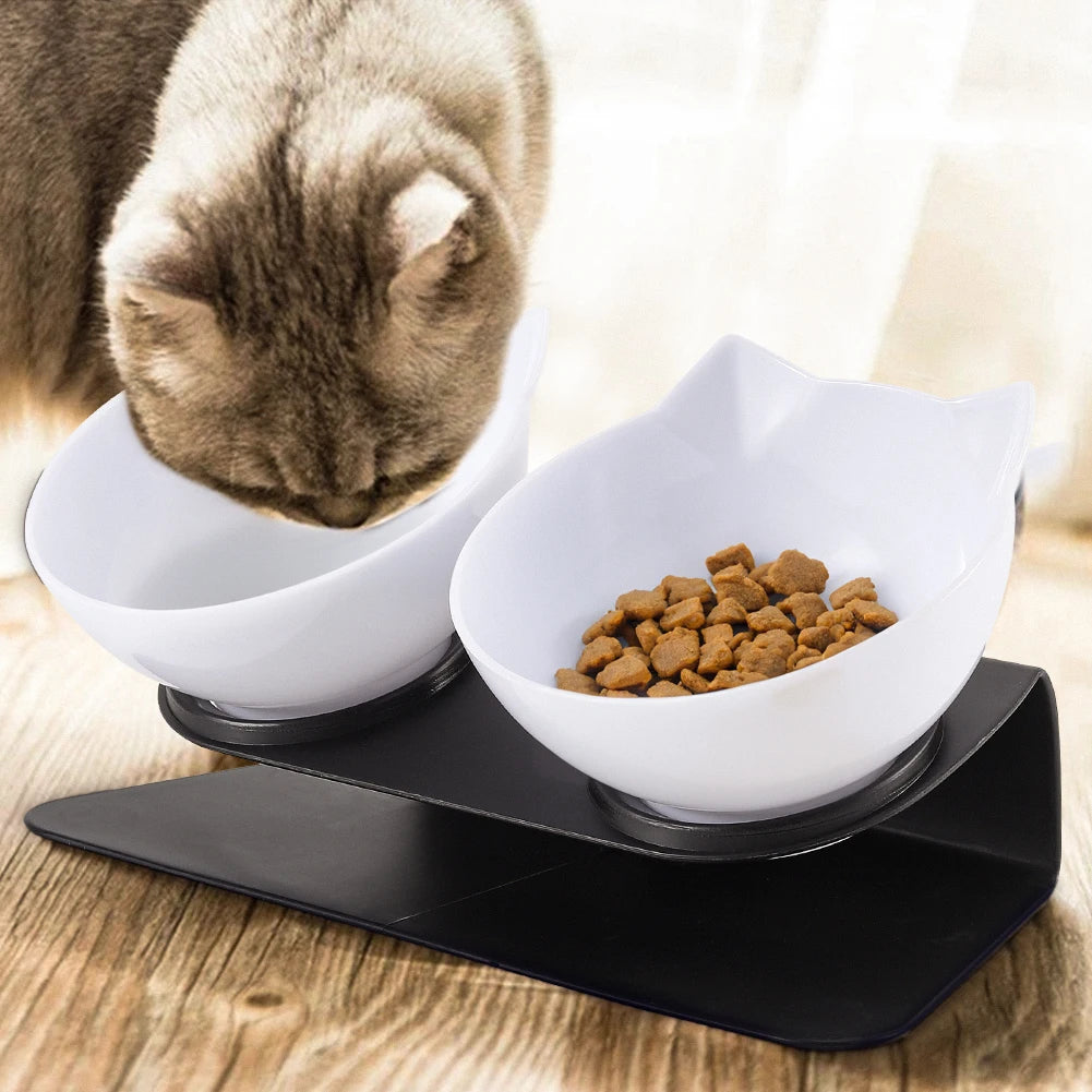 15° Tilted Cat Bowls – Non-Slip Elevated Double Feeder for Neck Protection