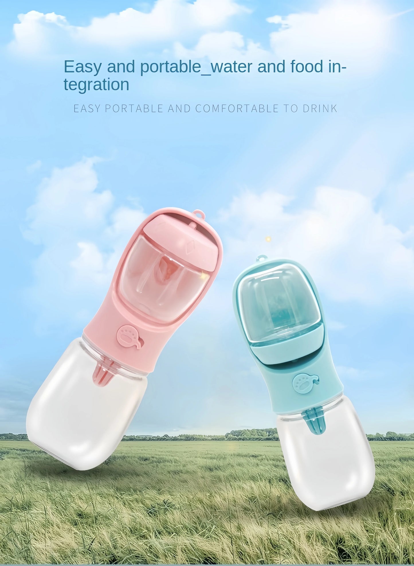 Portable Pet Food & Water Bottle – Food Grade Travel Cup with Food Dispenser for Dogs & Cats