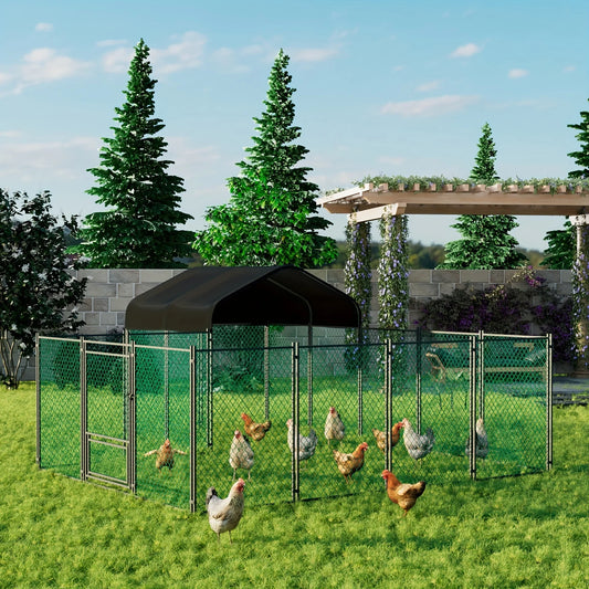 Large Metal Outdoor Chicken Run with Waterproof Cover and Hen House