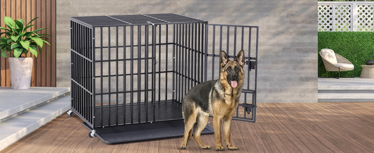 Heavy Duty Dog Crate – Strong Metal Cage with Lockable Wheels & Tray