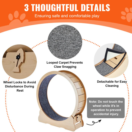 Cat Exercise Wheel - Wooden Running Wheel with Detachable Carpet & Teaser - The Best For Pets