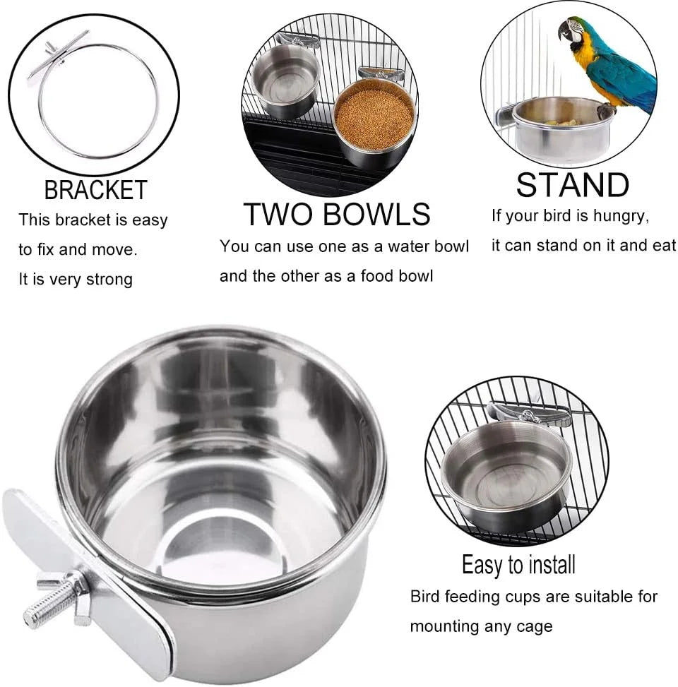 1Pc Stainless Steel Parrot Feeding Cups – Clamp Holder Food & Water Bowls for Birds