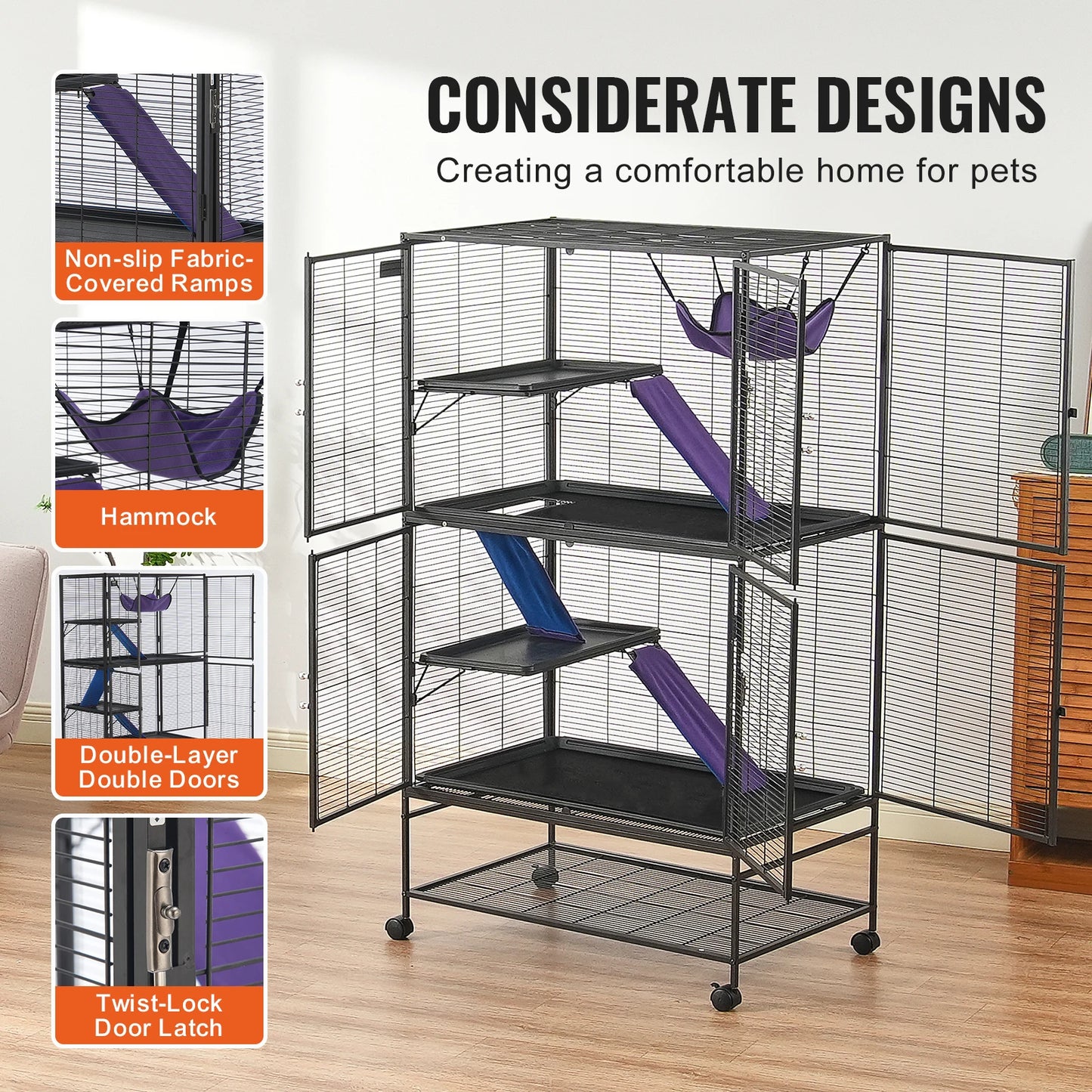 Rolling Metal Cage – 4-Tier Small Animal Habitat for Ferrets, Rats, Guinea Pigs & Chinchillas