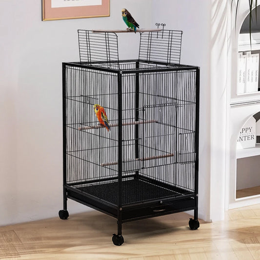 Open Top Bird Cage – Large Metal Parrot Villa with Casters, 48x48x77cm