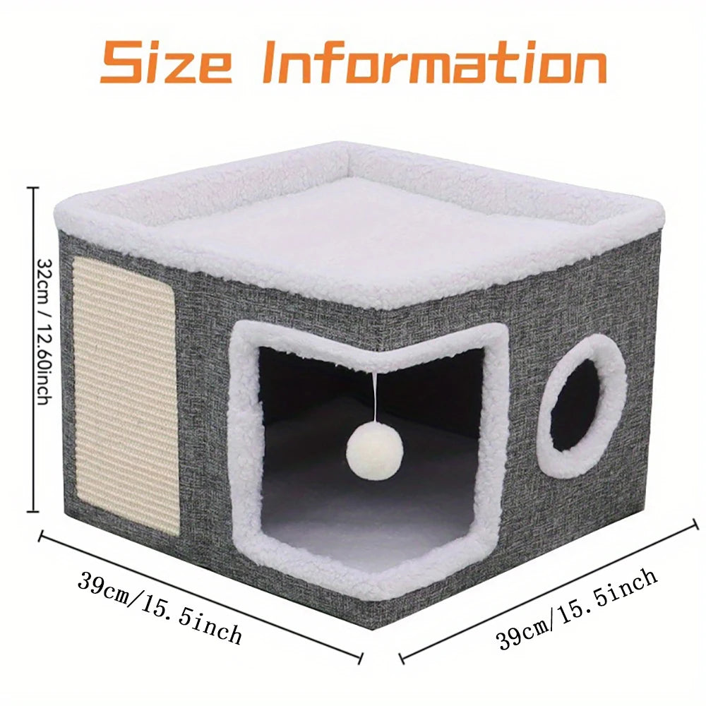 4-Season Multi-Level Cat House - Indoor Foldable Design, Scratching Board & Non-Slip Base 30LB Capacity, Warm Cat Bed Cat Cave