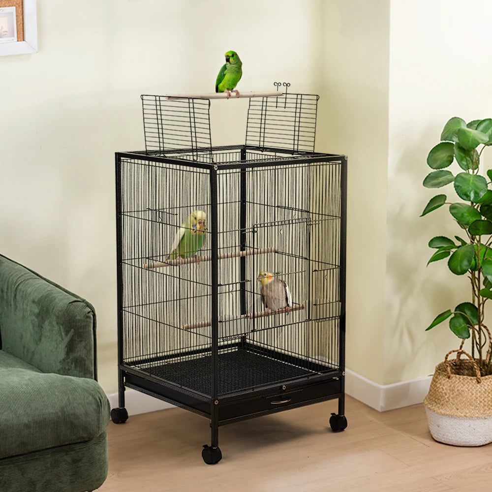 Open Top Bird Cage – Large Metal Parrot Villa with Casters, 48x48x77cm