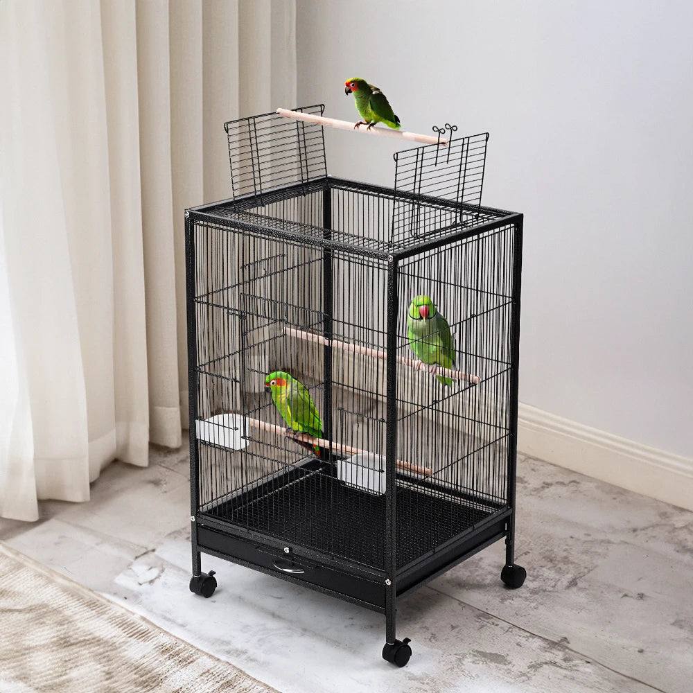 Open Top Bird Cage – Large Metal Parrot Villa with Casters, 48x48x77cm
