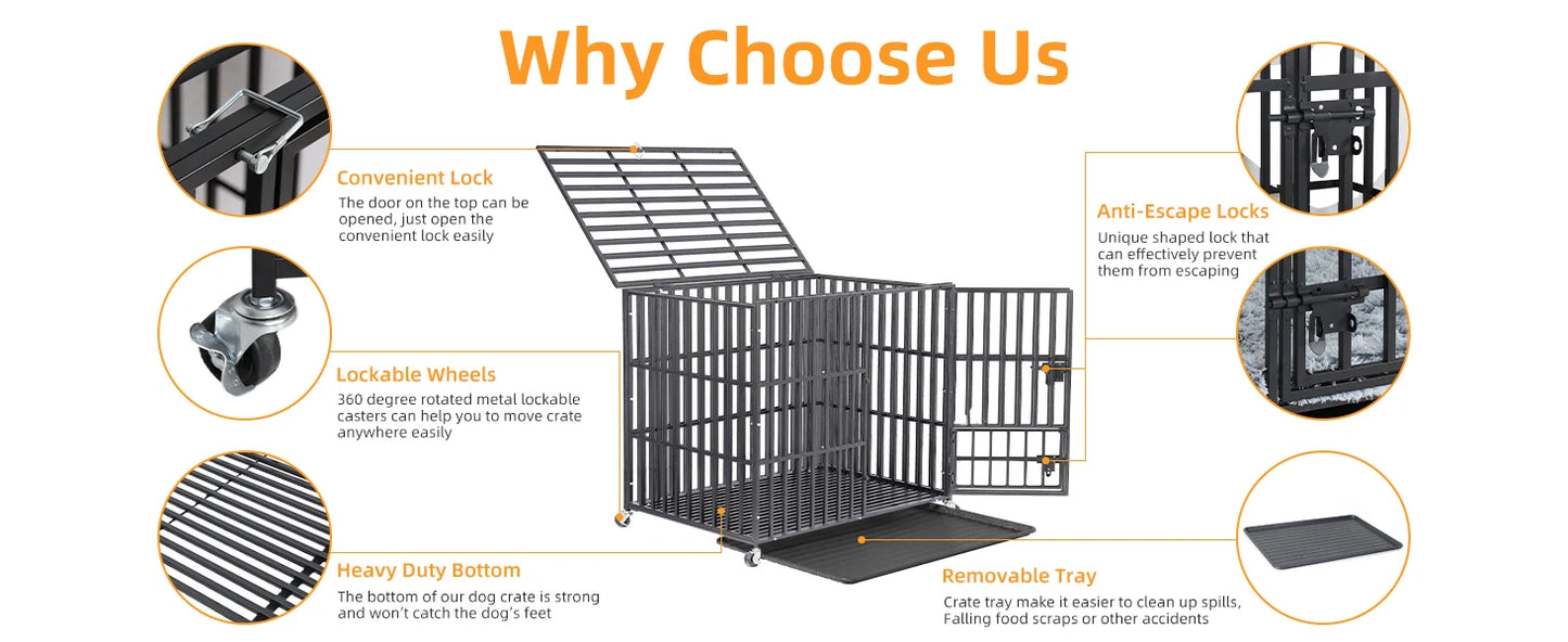 Heavy Duty Dog Crate – Strong Metal Cage with Lockable Wheels & Tray