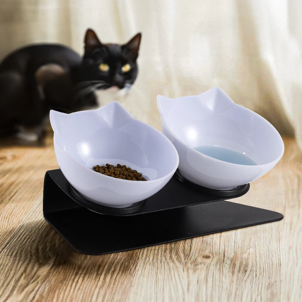 15° Tilted Cat Bowls – Non-Slip Elevated Double Feeder for Neck Protection