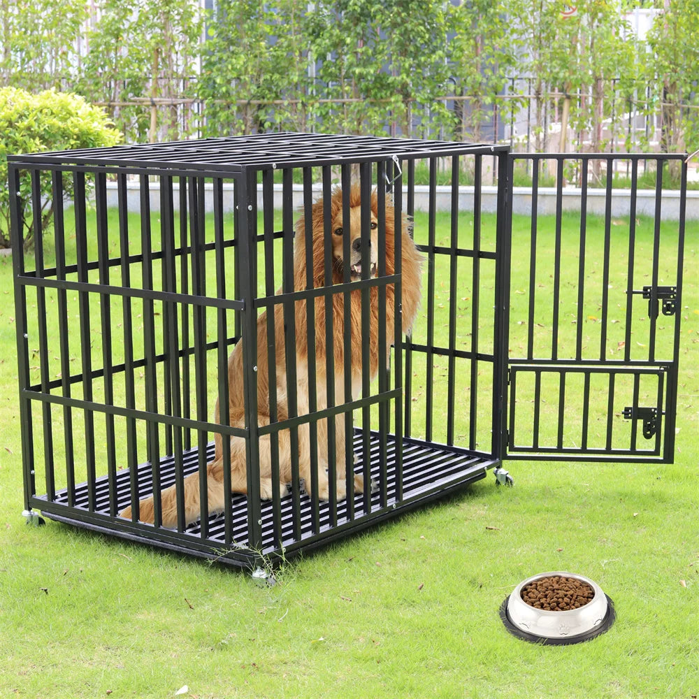 Heavy Duty Dog Crate – Strong Metal Cage with Lockable Wheels & Tray