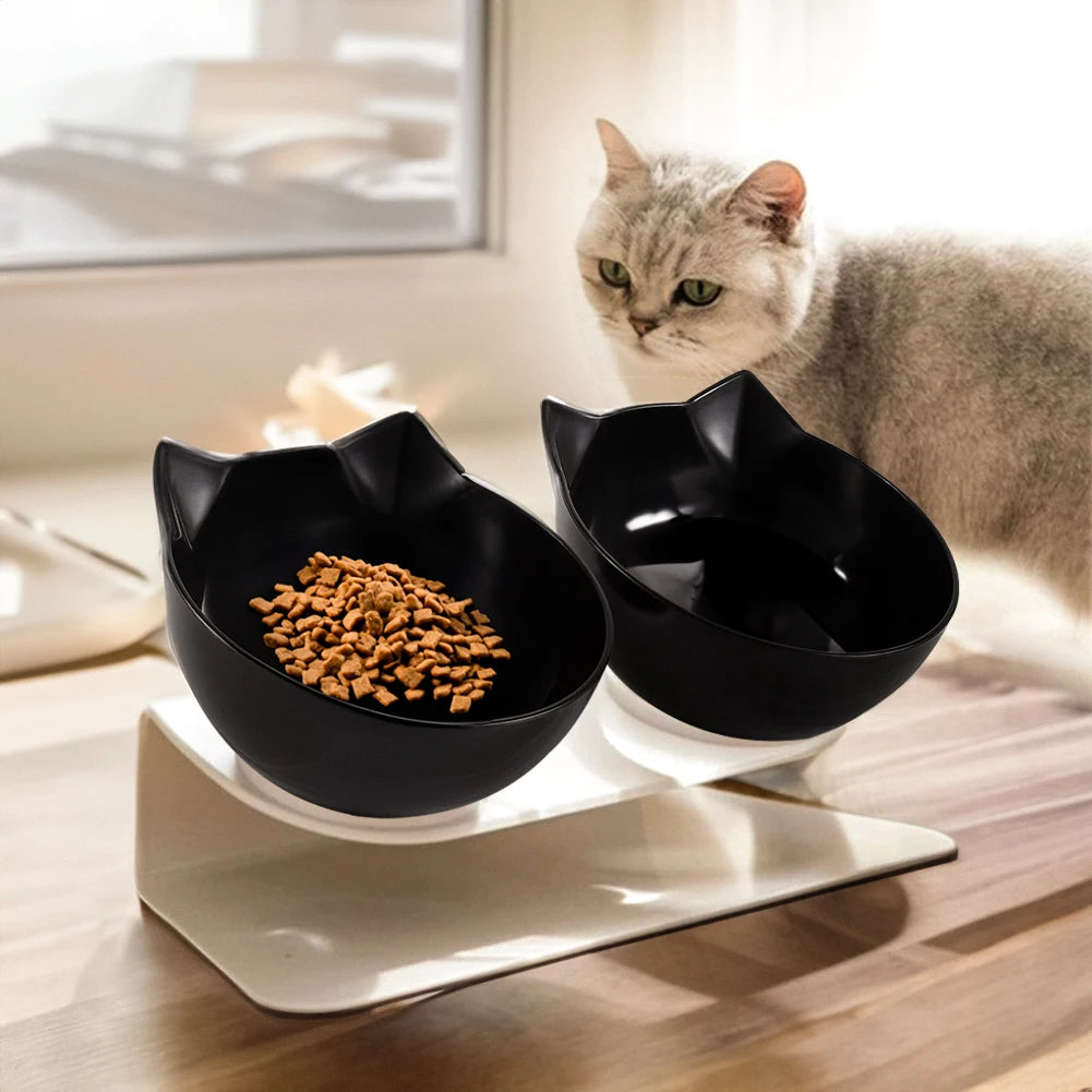 15° Tilted Cat Bowls – Non-Slip Elevated Double Feeder for Neck Protection