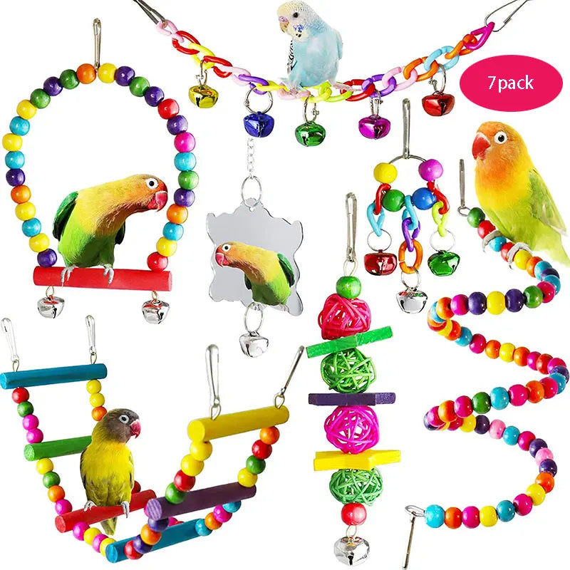 7PCS Wood Bird Toy Set – Swings, Bridge, Bells & Cage Accessories
