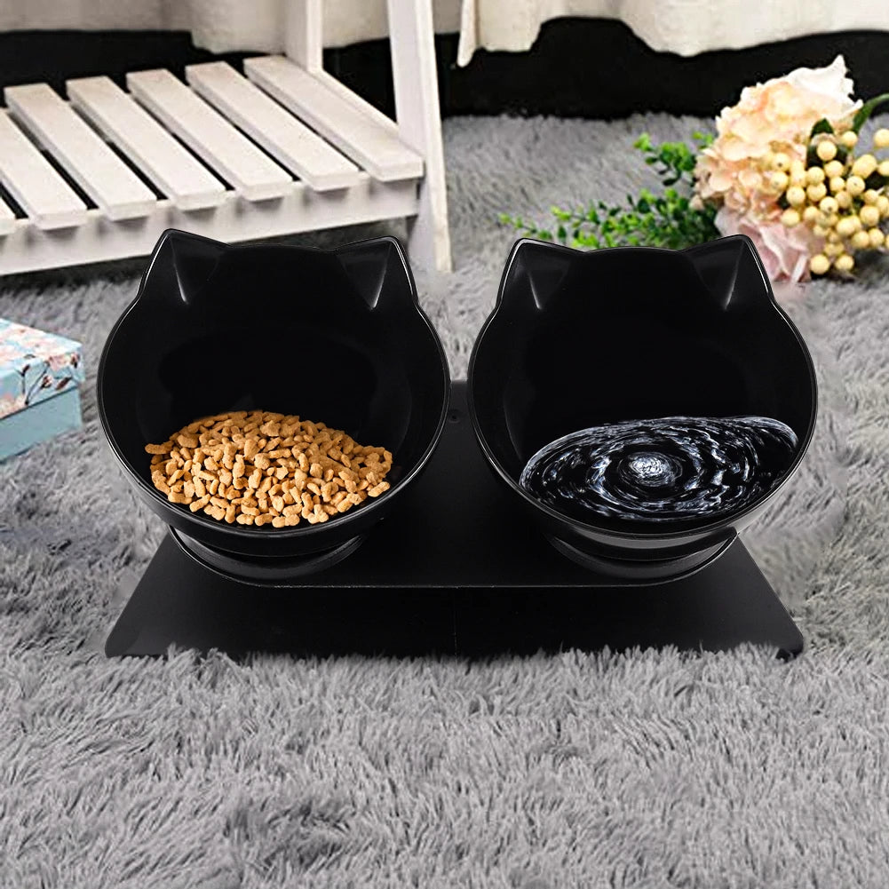 15° Tilted Cat Bowls – Non-Slip Elevated Double Feeder for Neck Protection