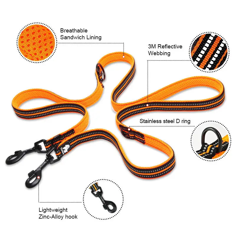 7-in-1 Adjustable Dog Leash – Hands-Free Reflective Lead for Walking & Training 2 Dogs