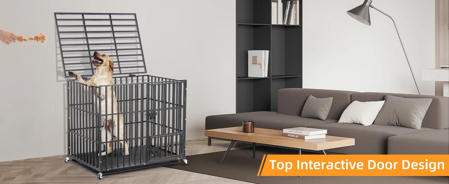 Heavy Duty Dog Crate – Strong Metal Cage with Lockable Wheels & Tray