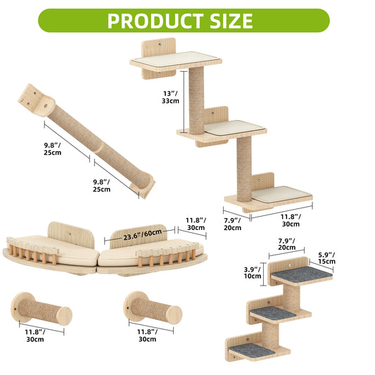 Cat Climbing Wall 7-Piece Set - Wall-Mounted Scratching Posts, Platforms & Stairs