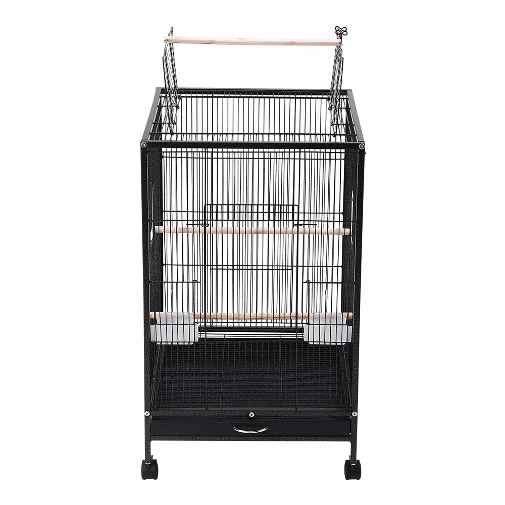 Open Top Bird Cage – Large Metal Parrot Villa with Casters, 48x48x77cm