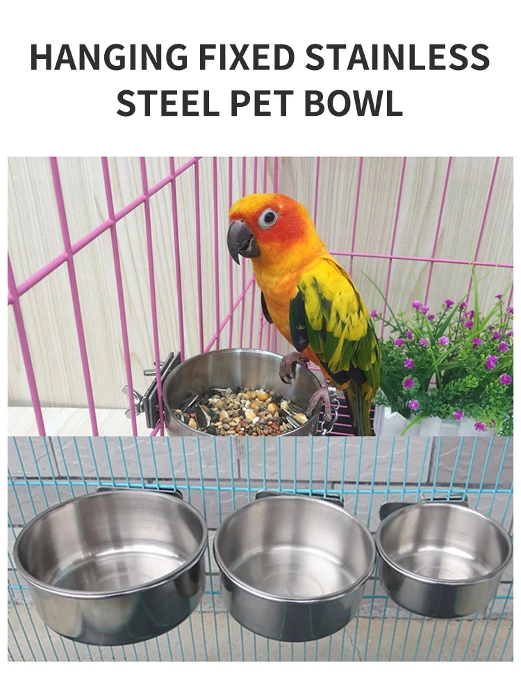 1Pc Stainless Steel Parrot Feeding Cups – Clamp Holder Food & Water Bowls for Birds