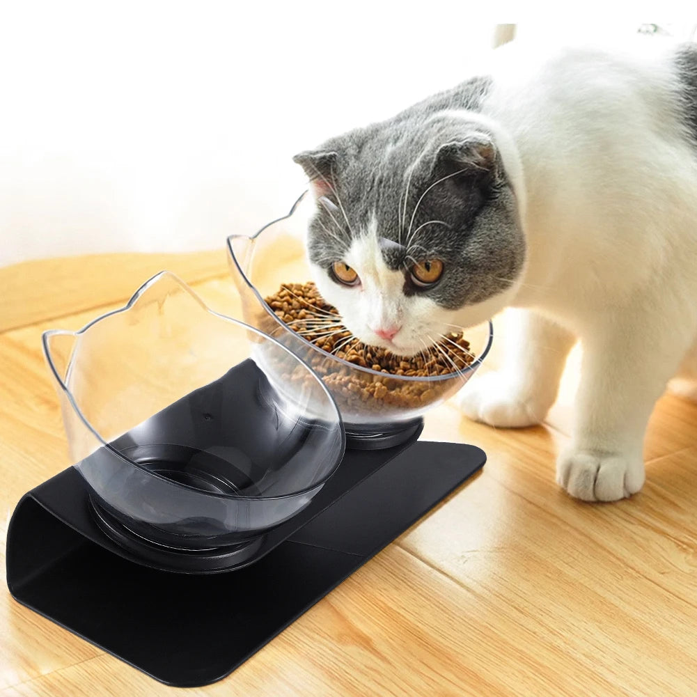 15° Tilted Cat Bowls – Non-Slip Elevated Double Feeder for Neck Protection