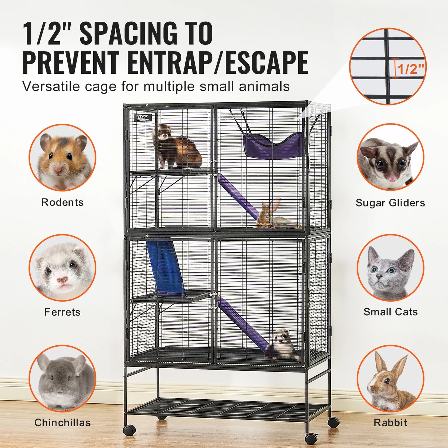 Rolling Metal Cage – 4-Tier Small Animal Habitat for Ferrets, Rats, Guinea Pigs & Chinchillas