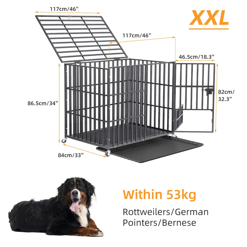 Heavy Duty Dog Crate – Strong Metal Cage with Lockable Wheels & Tray
