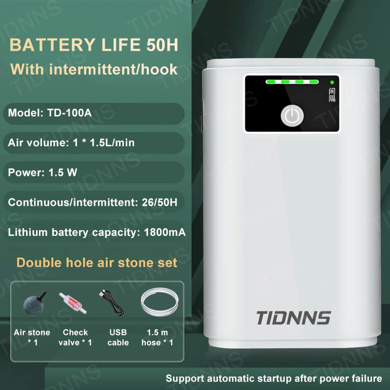 Portable USB Oxygen Pump – Dual-Use Aquarium Air Pump, Silent, 6000mAh Battery