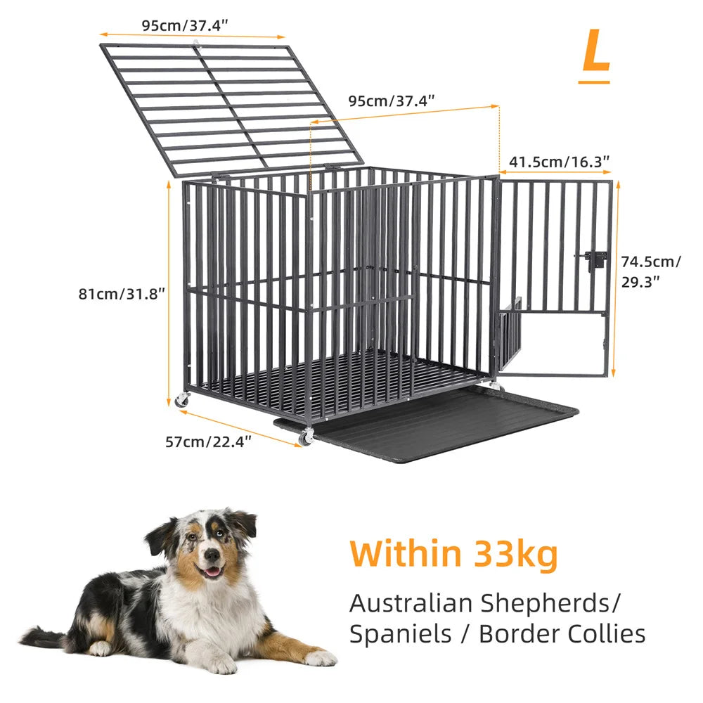 Heavy Duty Dog Crate – Strong Metal Cage with Lockable Wheels & Tray