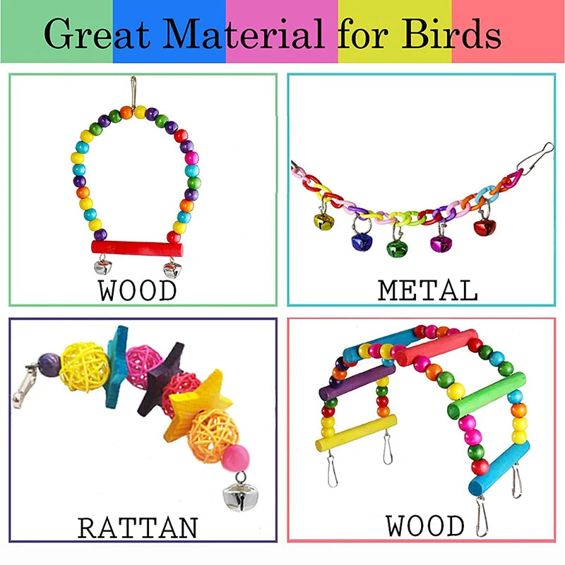 7PCS Wood Bird Toy Set – Swings, Bridge, Bells & Cage Accessories