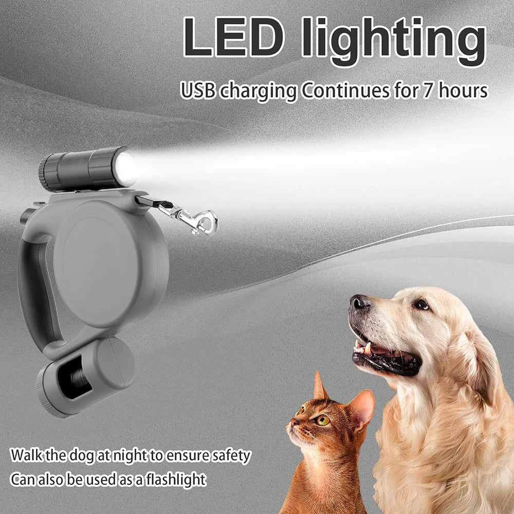 5m Retractable Dog Leash – Automatic Dog Lead with LED Flashlight & Waste Bag Dispenser