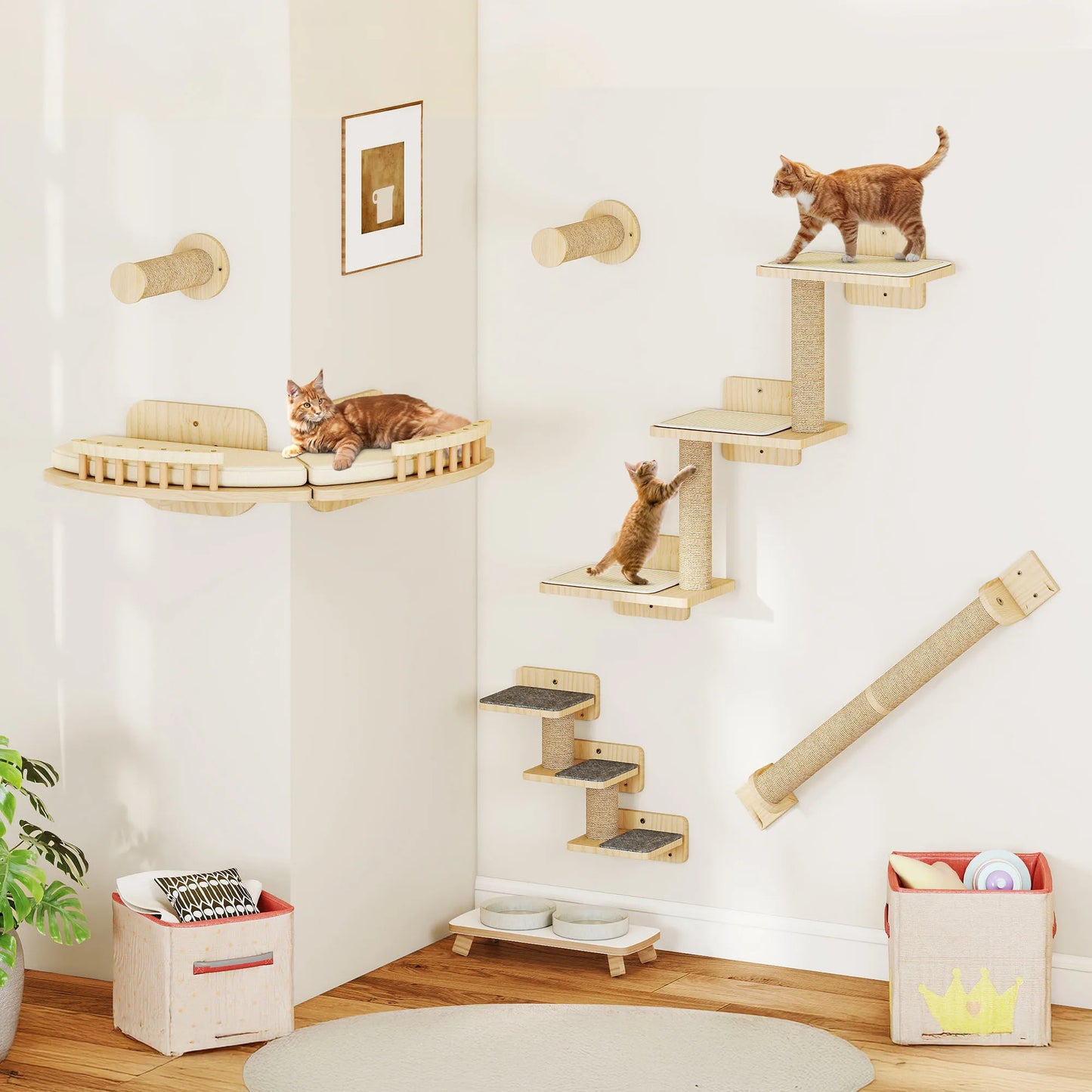 Cat Climbing Wall 7-Piece Set - Wall-Mounted Scratching Posts, Platforms & Stairs