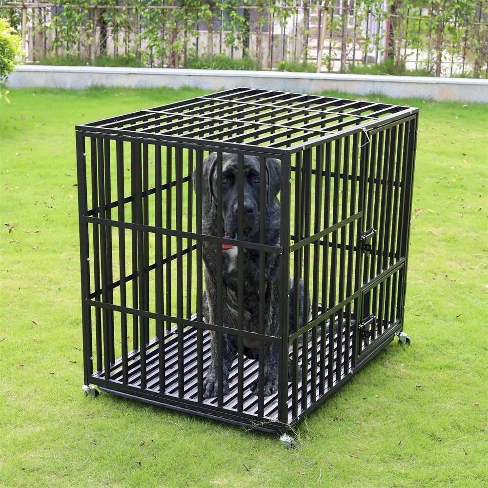 Heavy Duty Dog Crate – Strong Metal Cage with Lockable Wheels & Tray