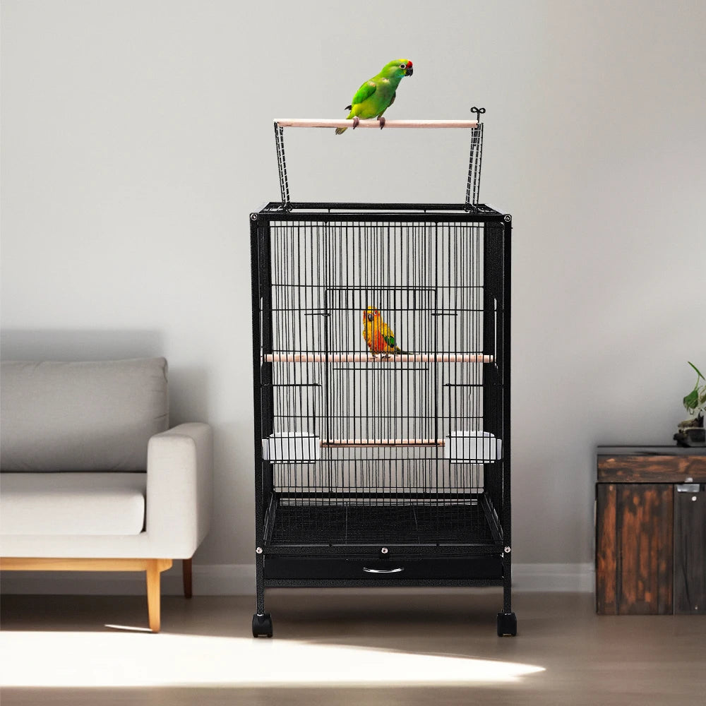 Open Top Bird Cage – Large Metal Parrot Villa with Casters, 48x48x77cm