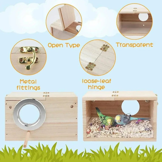 Transparent Bird Nesting Box - Wooden Breeding House for Parakeets & Cockatiels - The Best For Pets